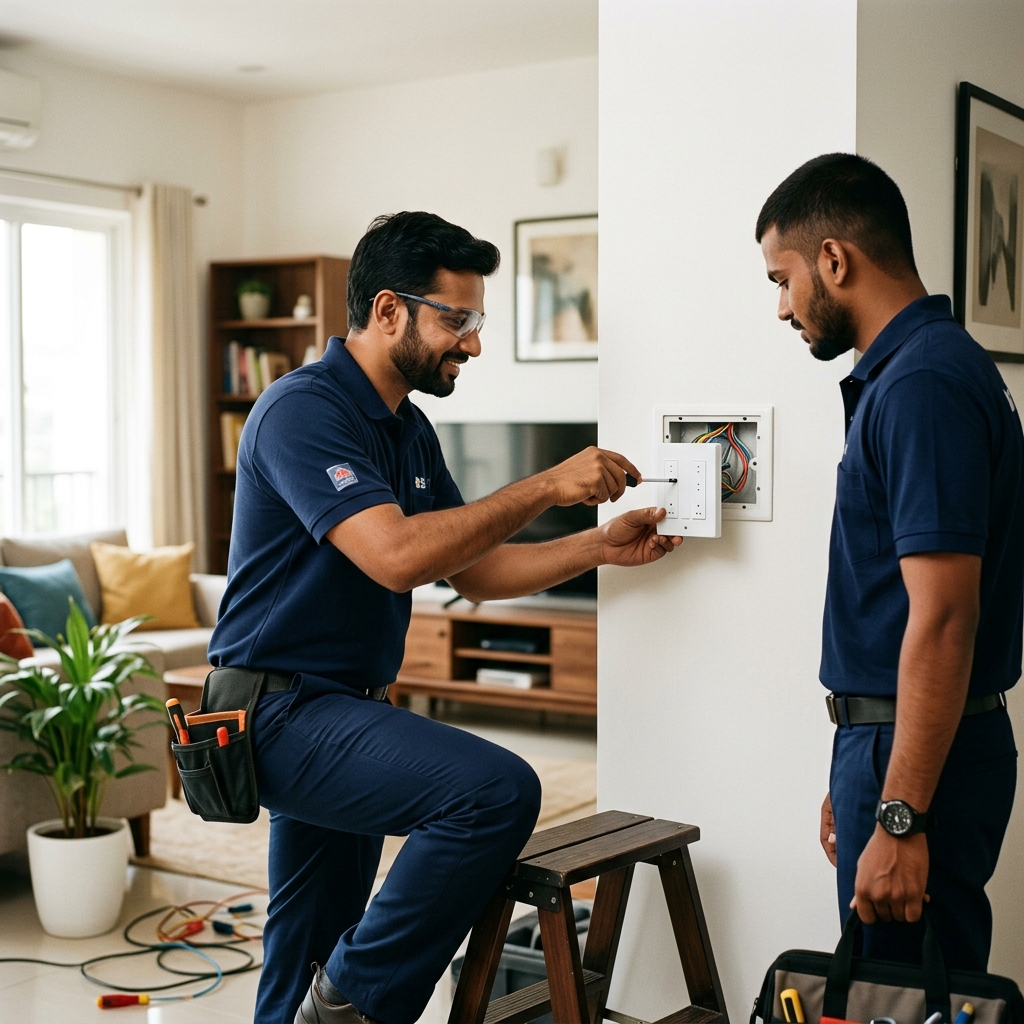 JoyClicks technicians installing smart home devices in a Hyderabad residence