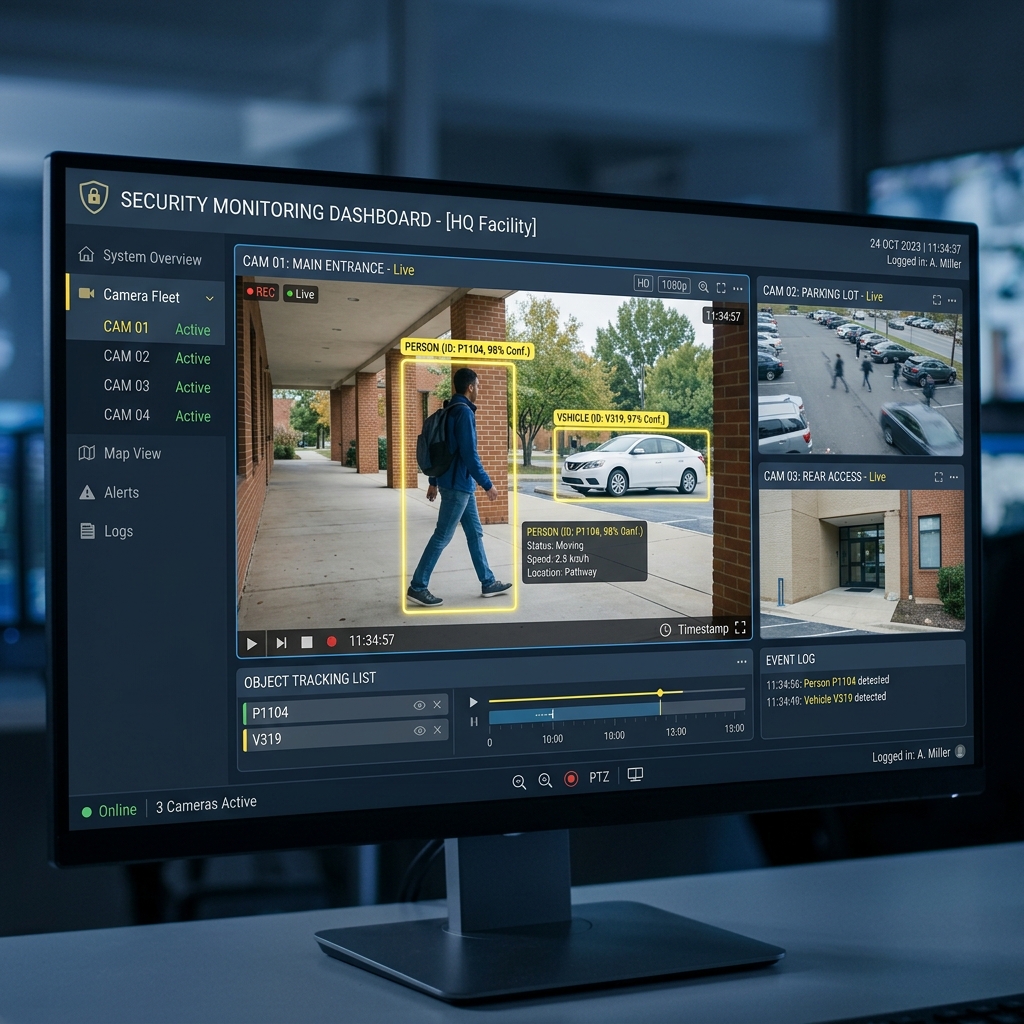 CCTV software monitoring console with bounding boxes highlighting activity