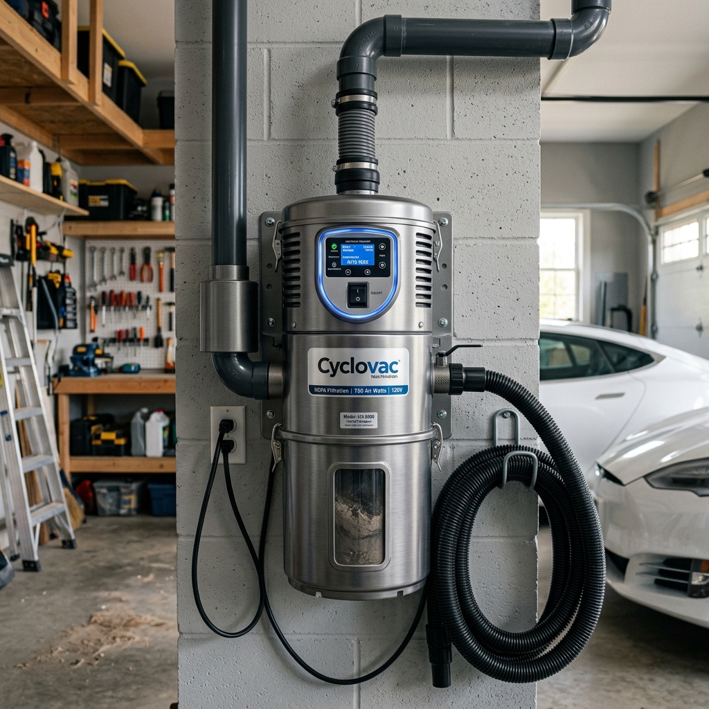Central vacuum power unit installed in garage