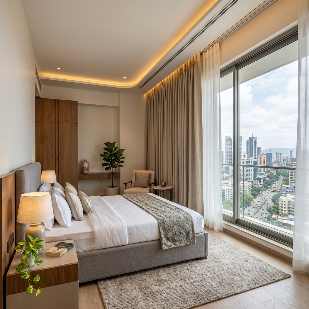 Motorized curtains partially open in a modern bedroom