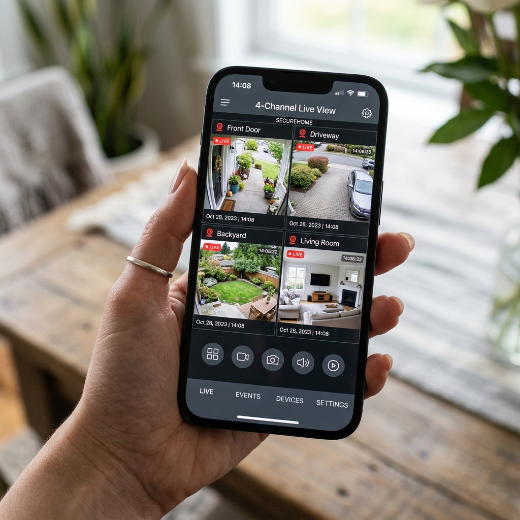 Smartphone screen displaying multi-camera security feeds
