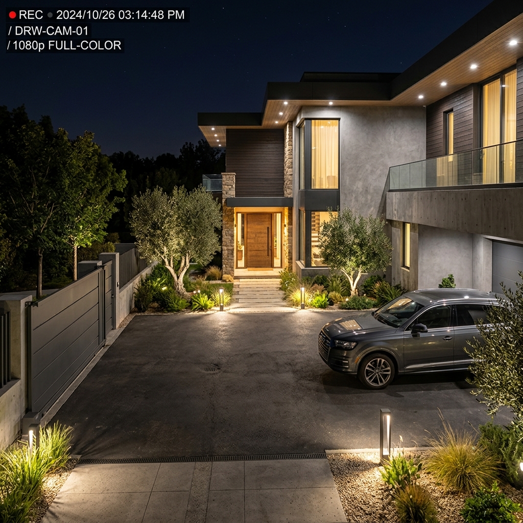 Villa driveway seen through a night vision security camera in color