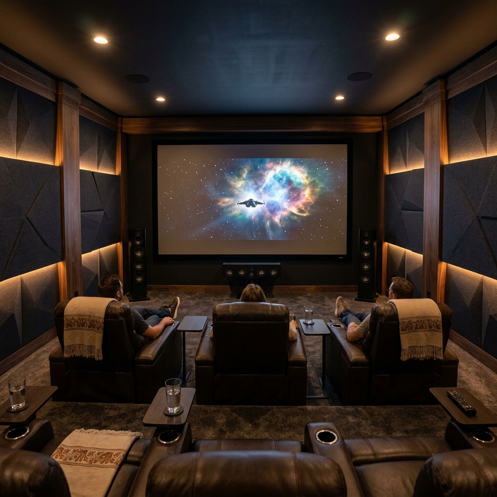 Luxury home theater with large projection screen, star ceiling lights, and premium leather recliners