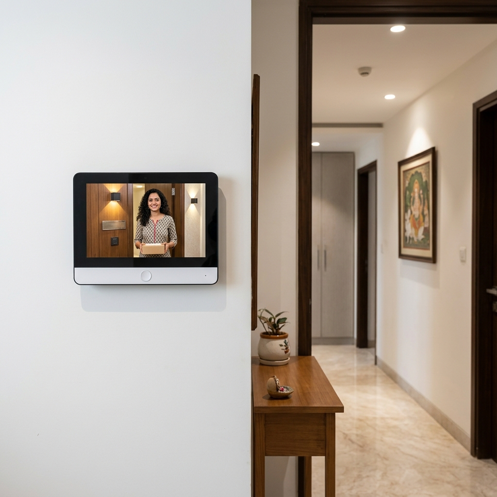Video door phone indoor monitor showing a visitor